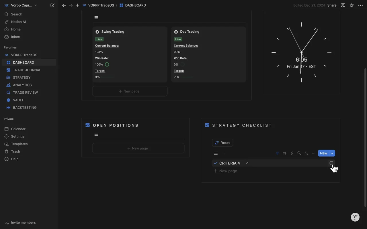 The TradeOS dashboard: open positions, balance, win rate and target for each account